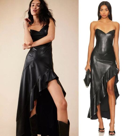 NWT Amanda Uprichard Symone Dress Sz Large Black Vegan Leather Maxi Ruffle Slit - Picture 1 of 11